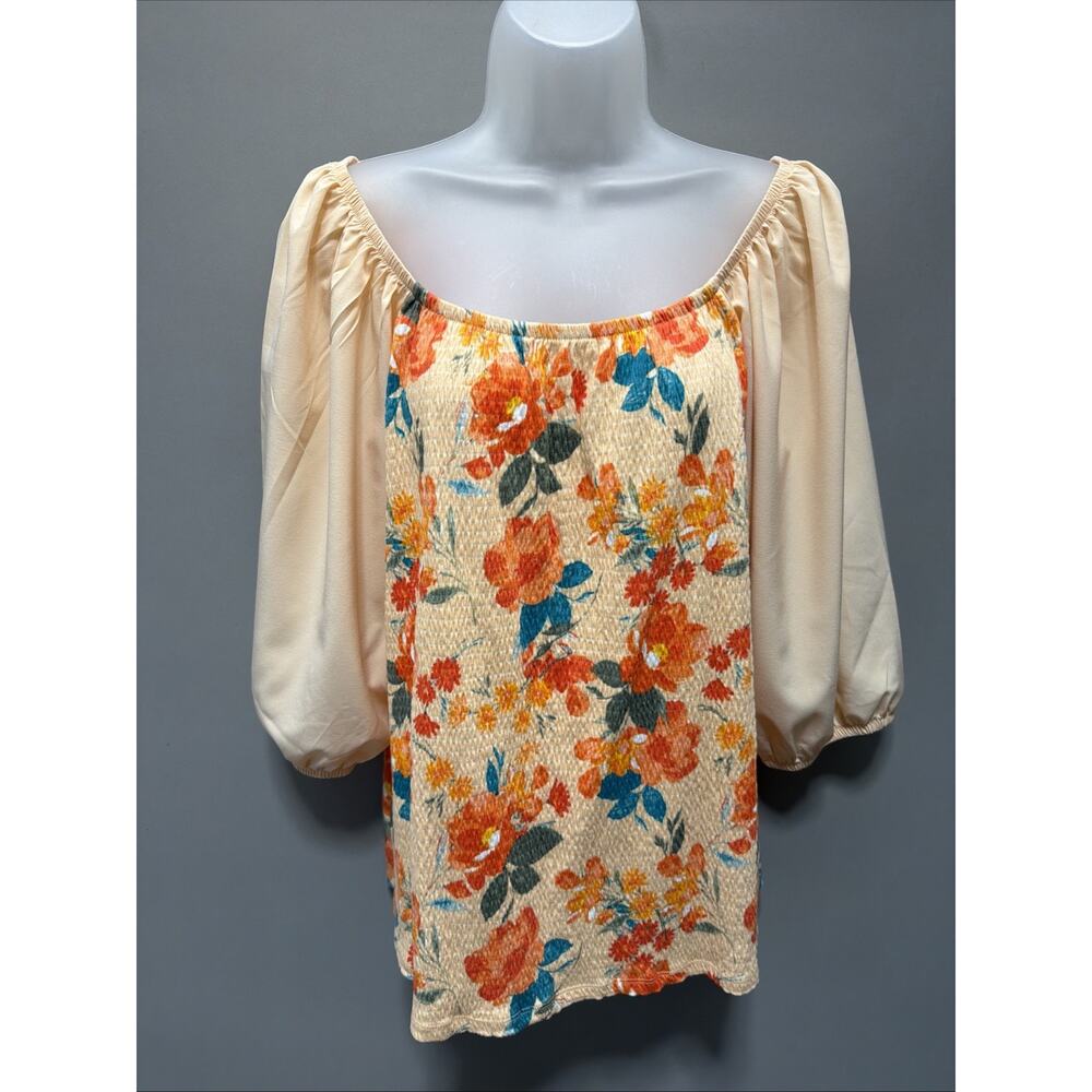 Cato Women's Floral Top Plus Size Large Off Shoulder 3/4 Balloon Sleeve